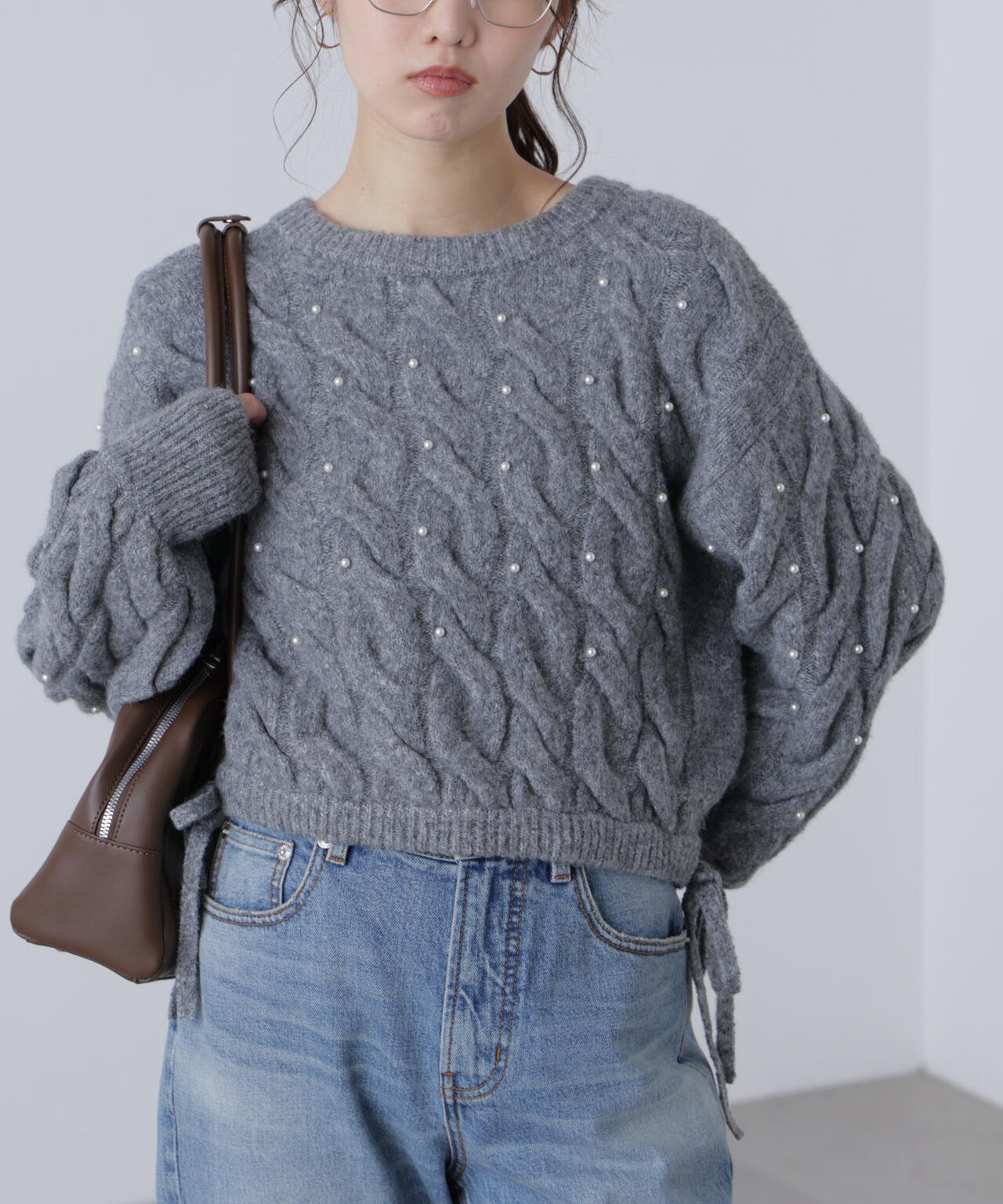 【レッド 追加生産予約】ウエストゴムパールミックスケーブルドロストニット