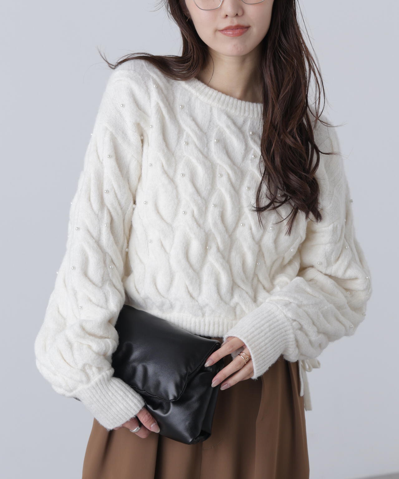 【レッド 追加生産予約】ウエストゴムパールミックスケーブルドロストニット