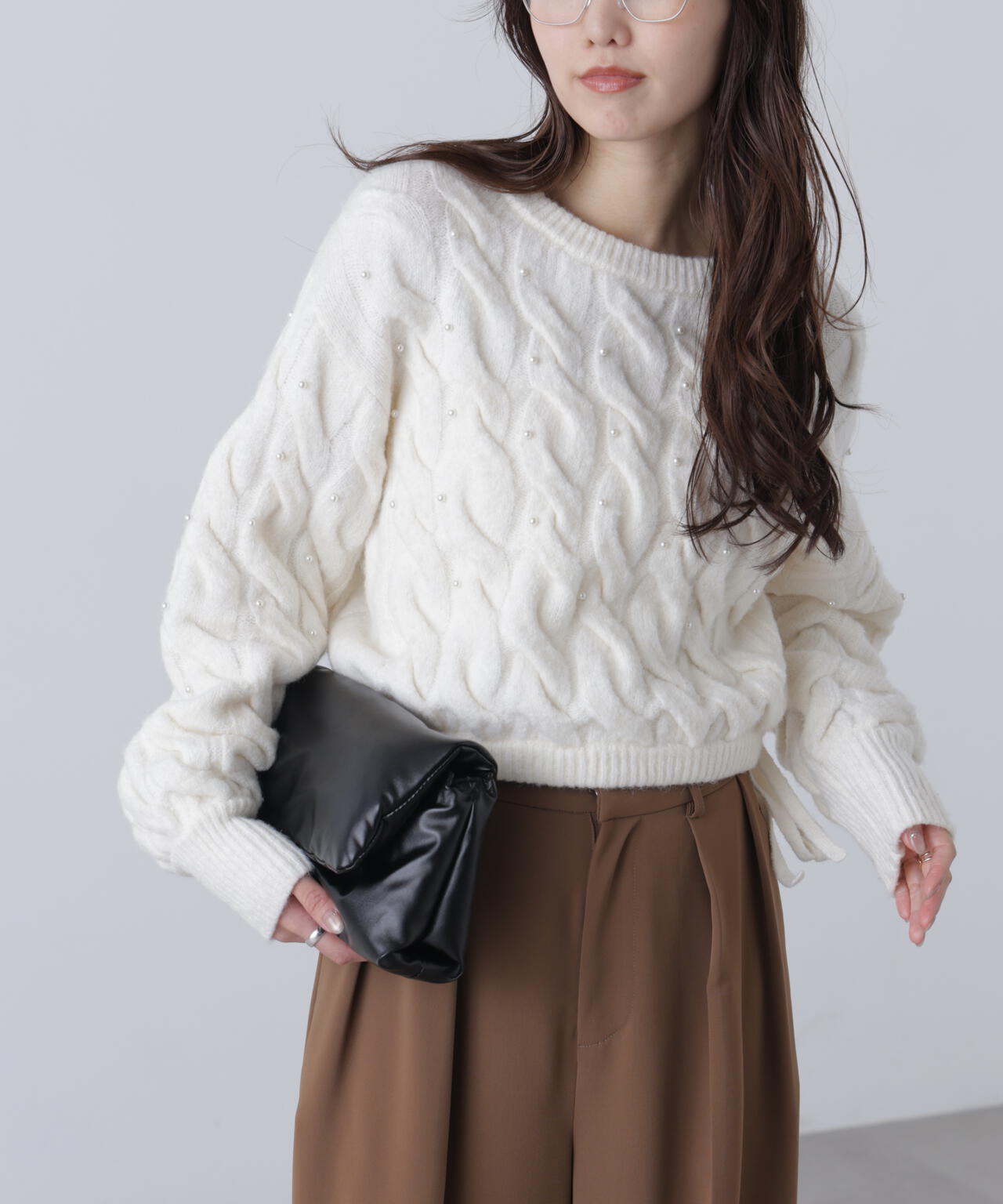 【レッド 追加生産予約】ウエストゴムパールミックスケーブルドロストニット