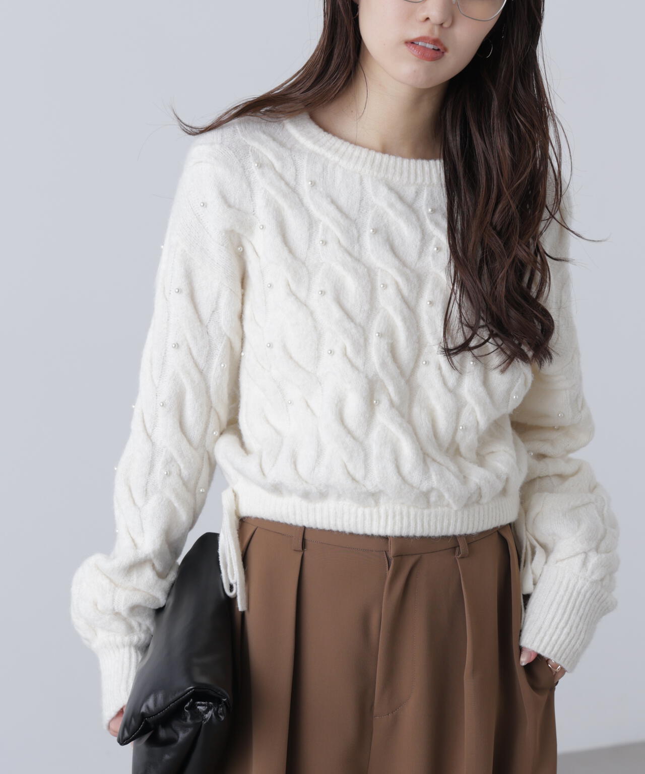 【レッド 追加生産予約】ウエストゴムパールミックスケーブルドロストニット