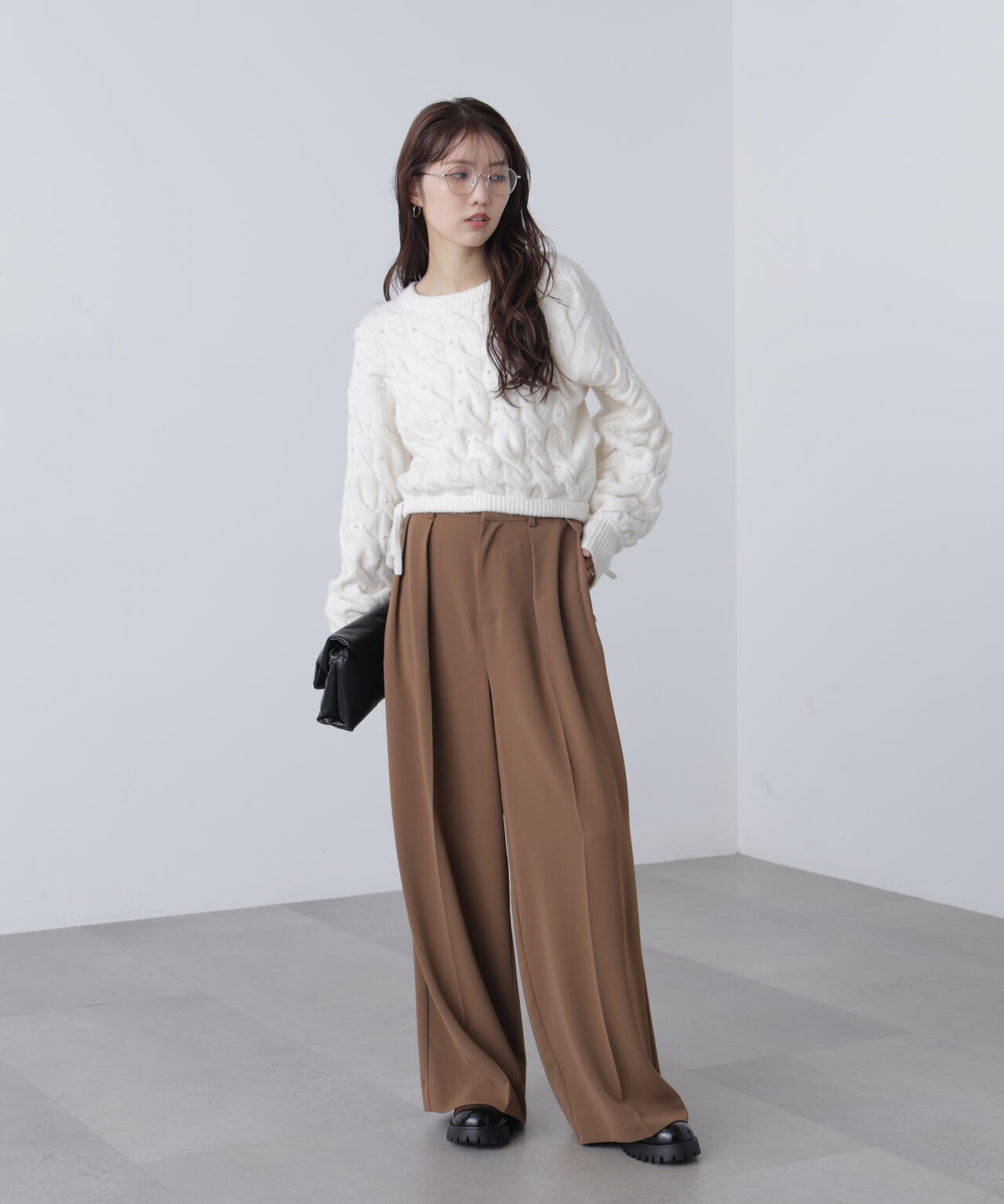 【レッド 追加生産予約】ウエストゴムパールミックスケーブルドロストニット