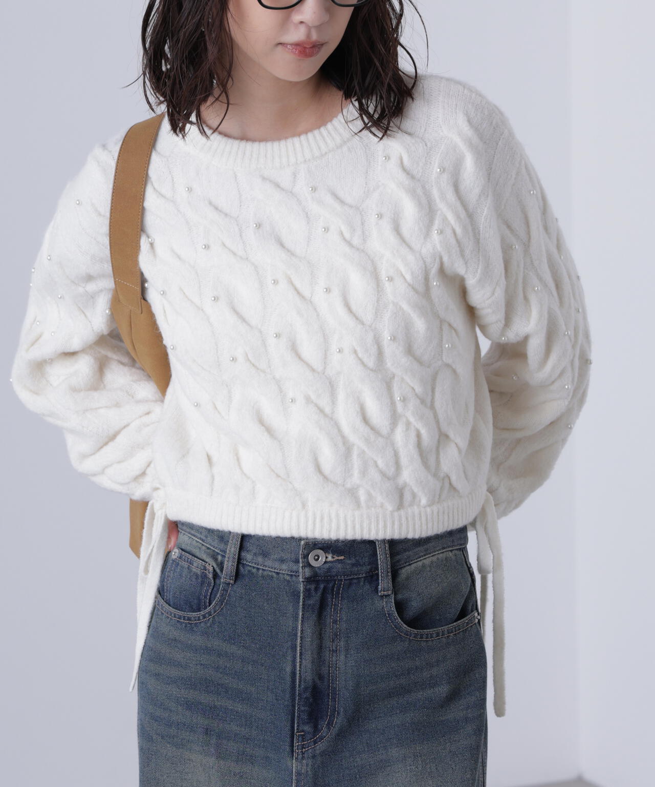 【レッド 追加生産予約】ウエストゴムパールミックスケーブルドロストニット