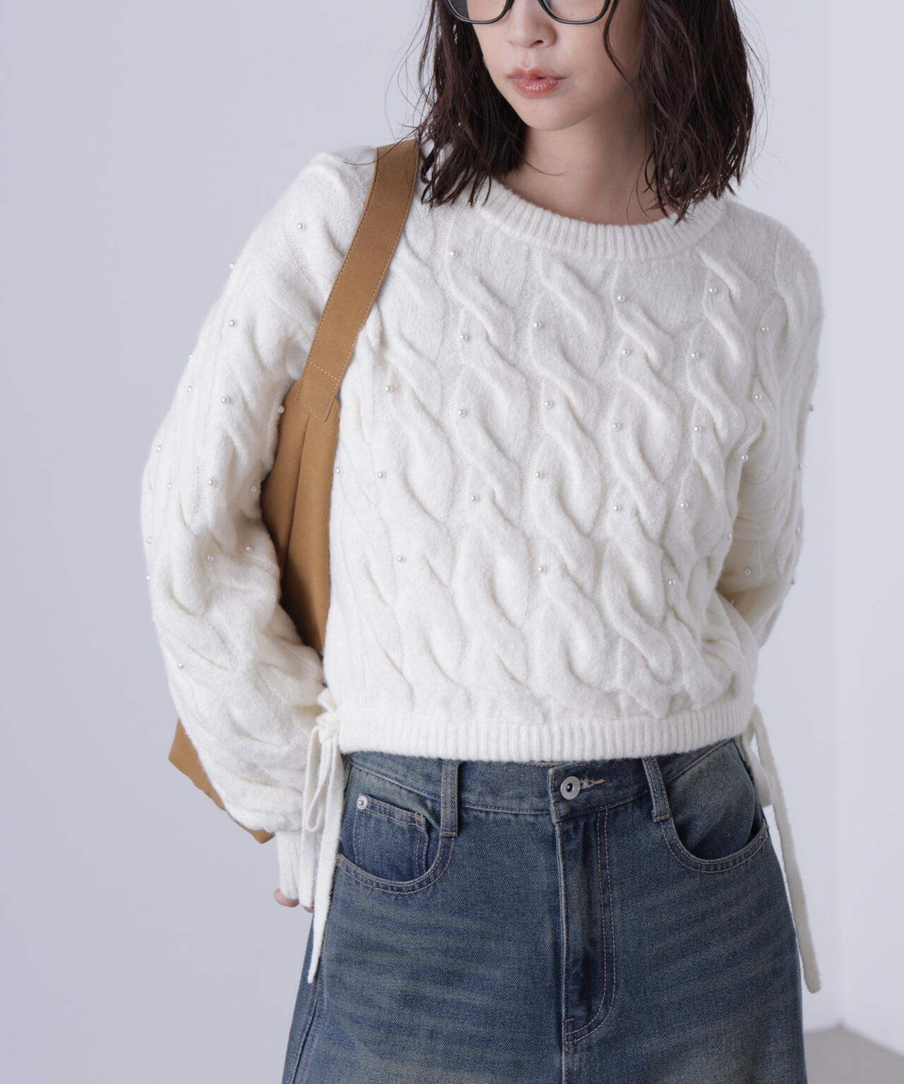 【レッド 追加生産予約】ウエストゴムパールミックスケーブルドロストニット