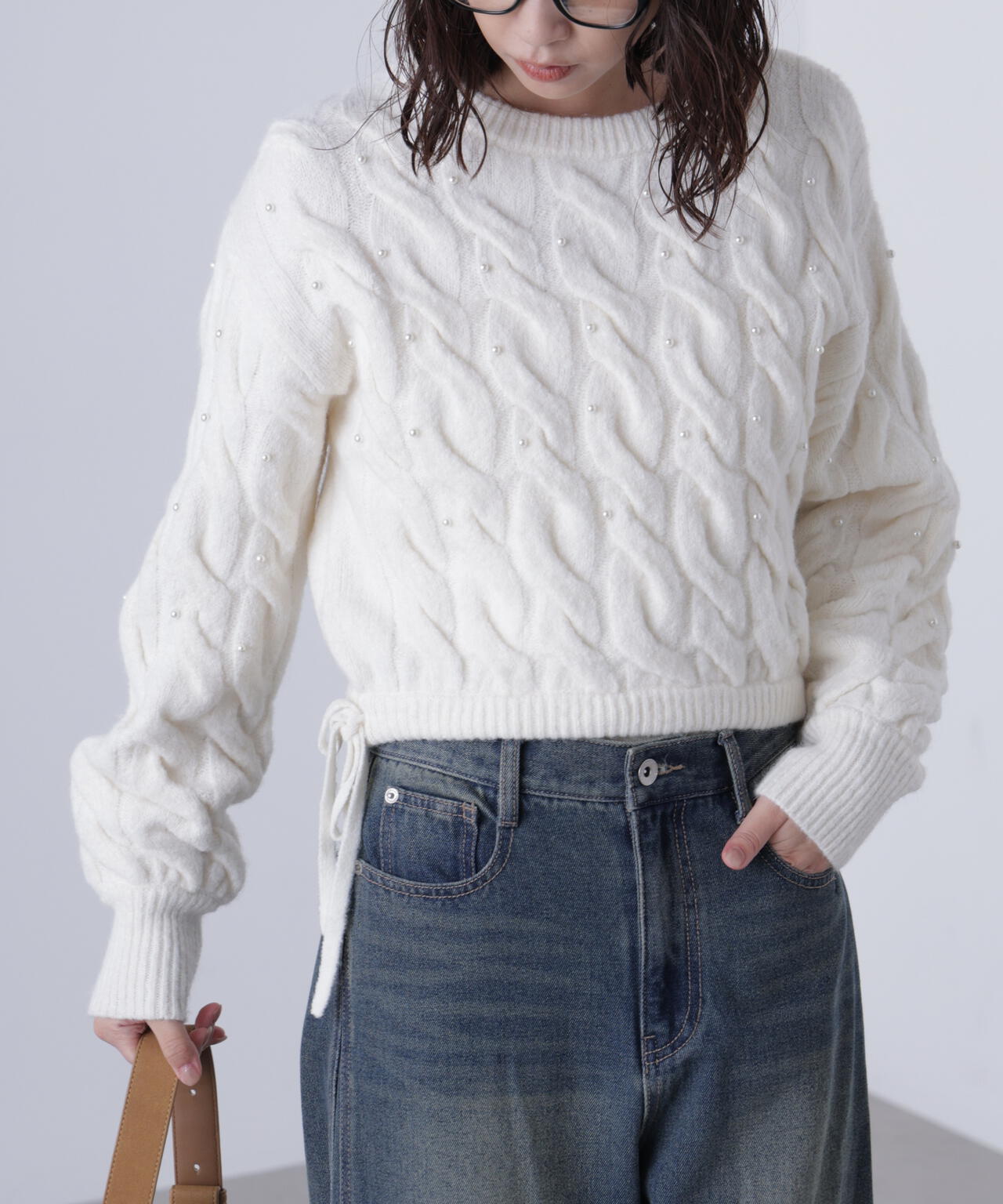 【レッド 追加生産予約】ウエストゴムパールミックスケーブルドロストニット