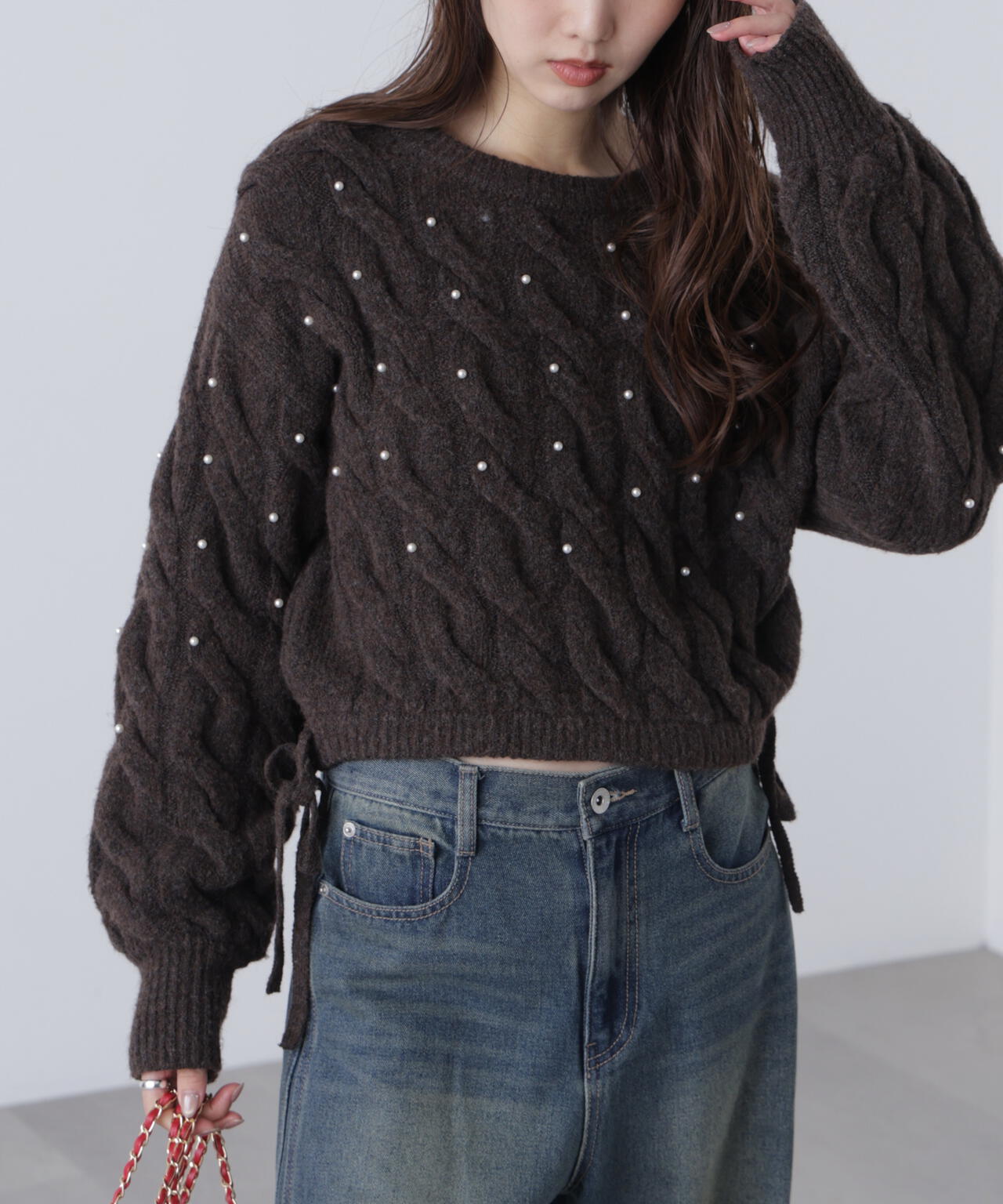 【レッド 追加生産予約】ウエストゴムパールミックスケーブルドロストニット