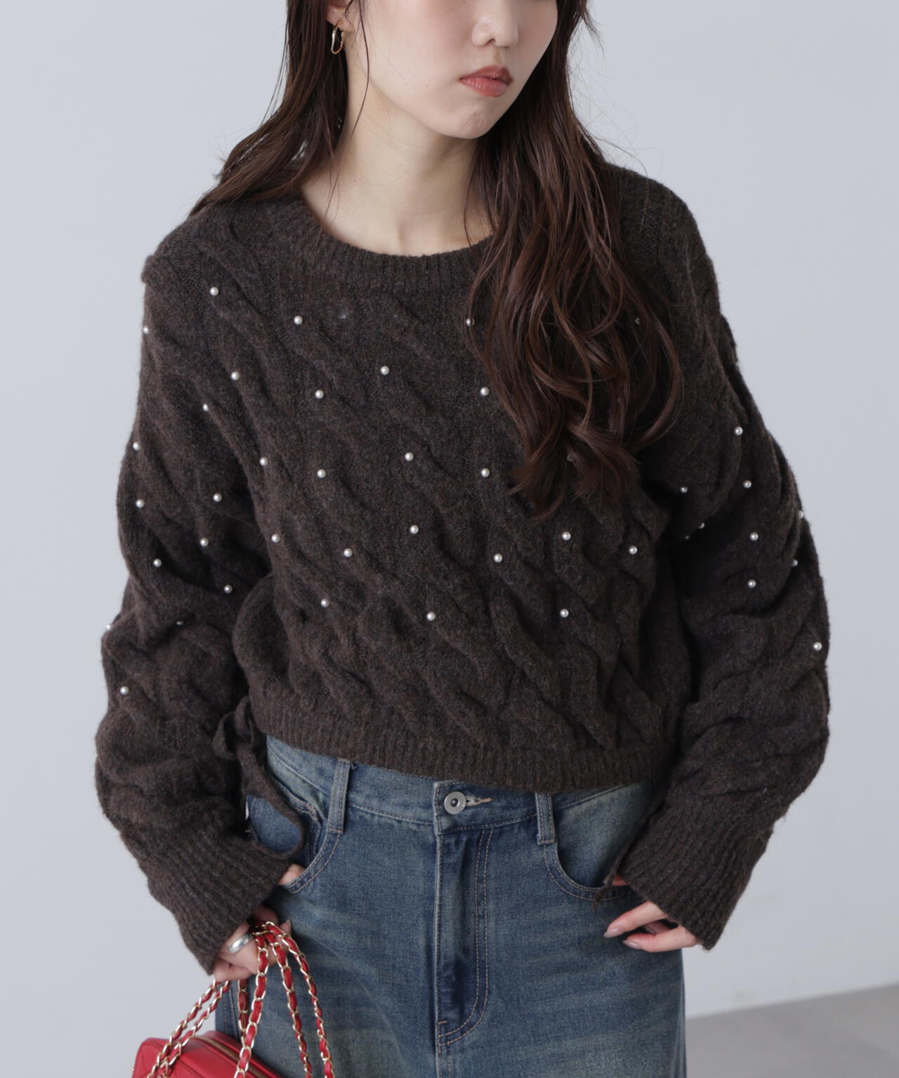 【レッド 追加生産予約】ウエストゴムパールミックスケーブルドロストニット