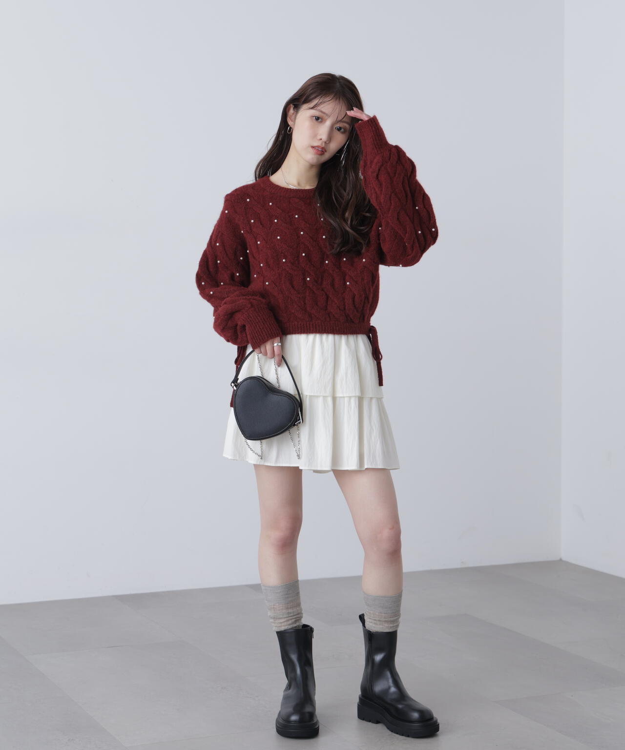 【レッド 追加生産予約】ウエストゴムパールミックスケーブルドロストニット