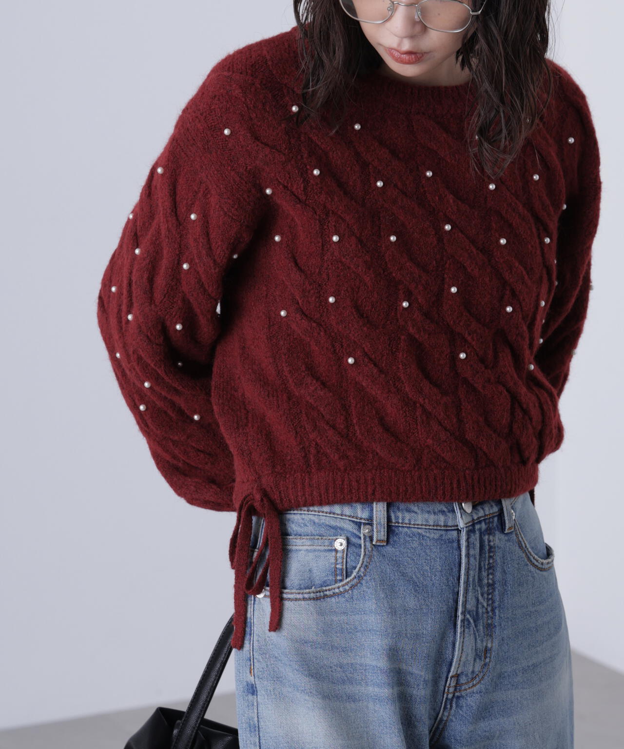 【レッド 追加生産予約】ウエストゴムパールミックスケーブルドロストニット