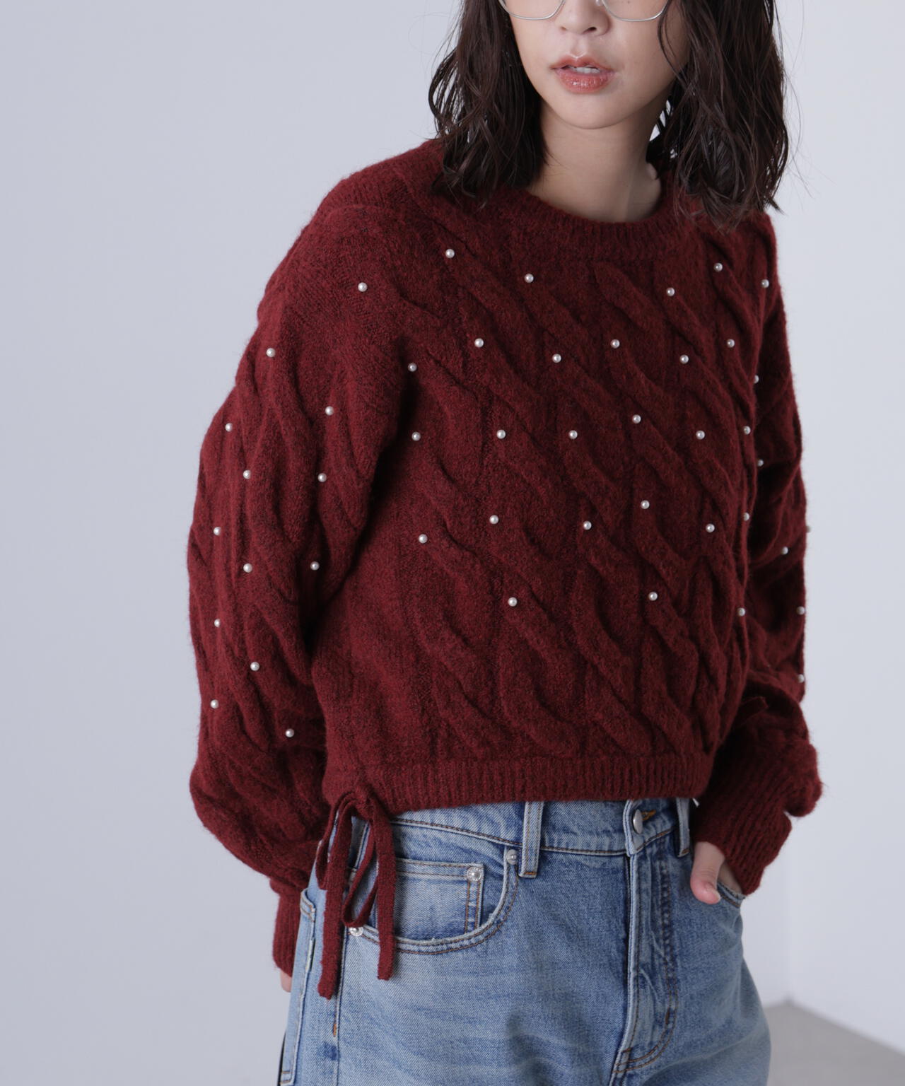 【レッド 追加生産予約】ウエストゴムパールミックスケーブルドロストニット