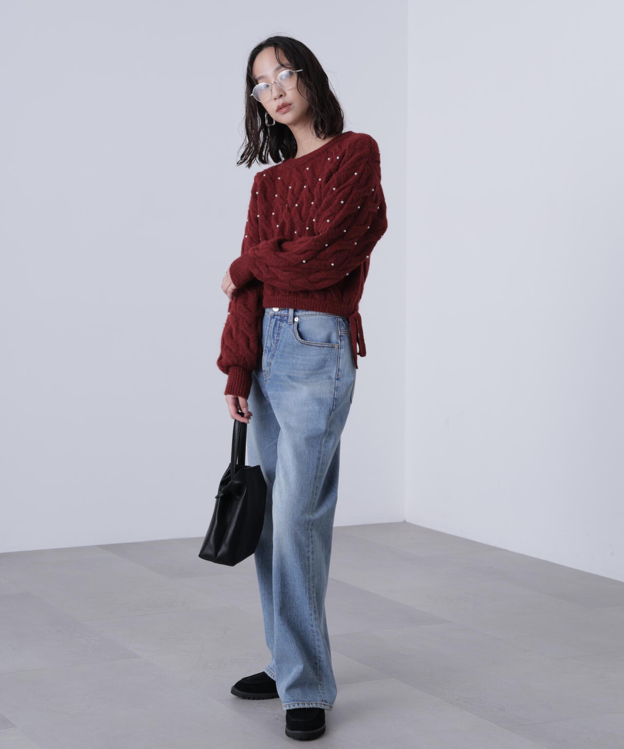 【レッド 追加生産予約】ウエストゴムパールミックスケーブルドロストニット