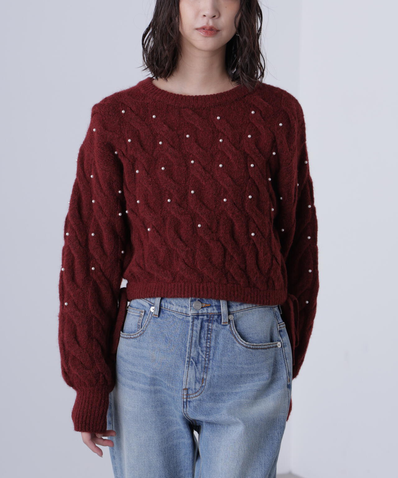 【レッド 追加生産予約】ウエストゴムパールミックスケーブルドロストニット