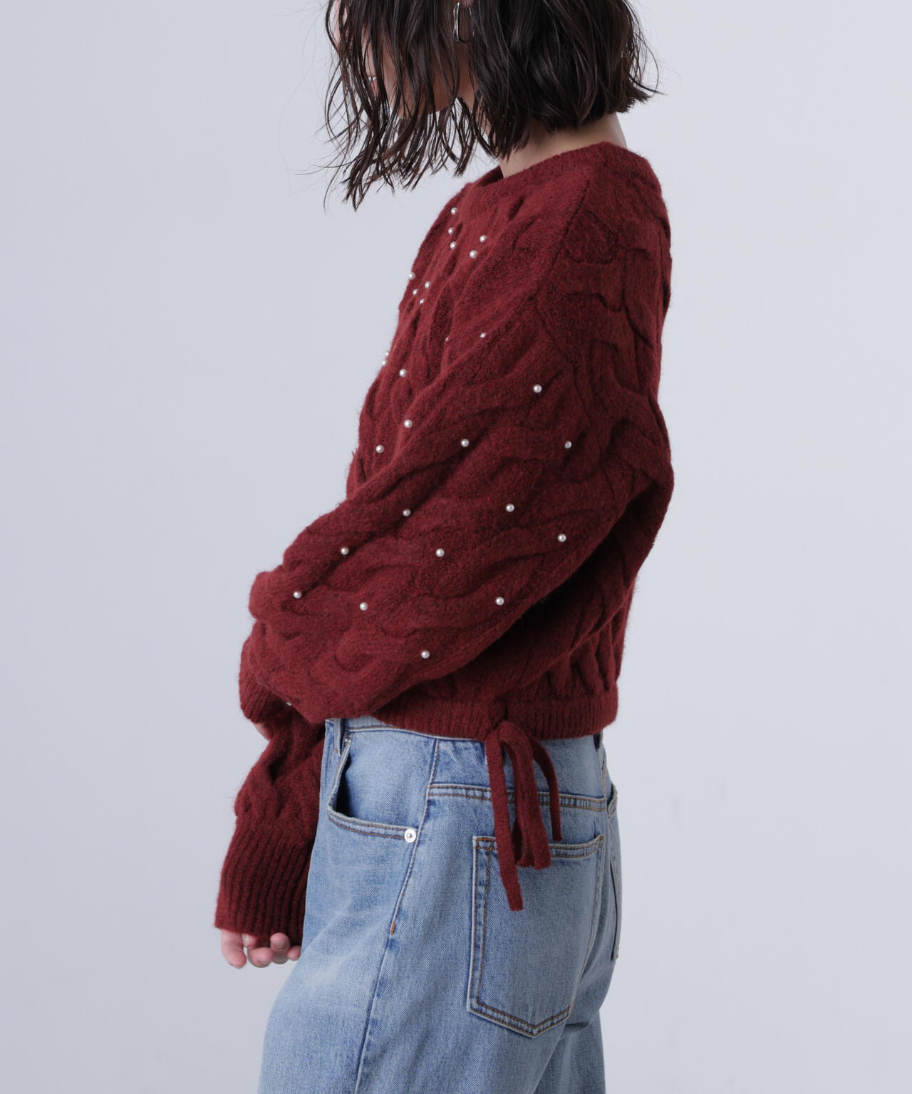 【レッド 追加生産予約】ウエストゴムパールミックスケーブルドロストニット