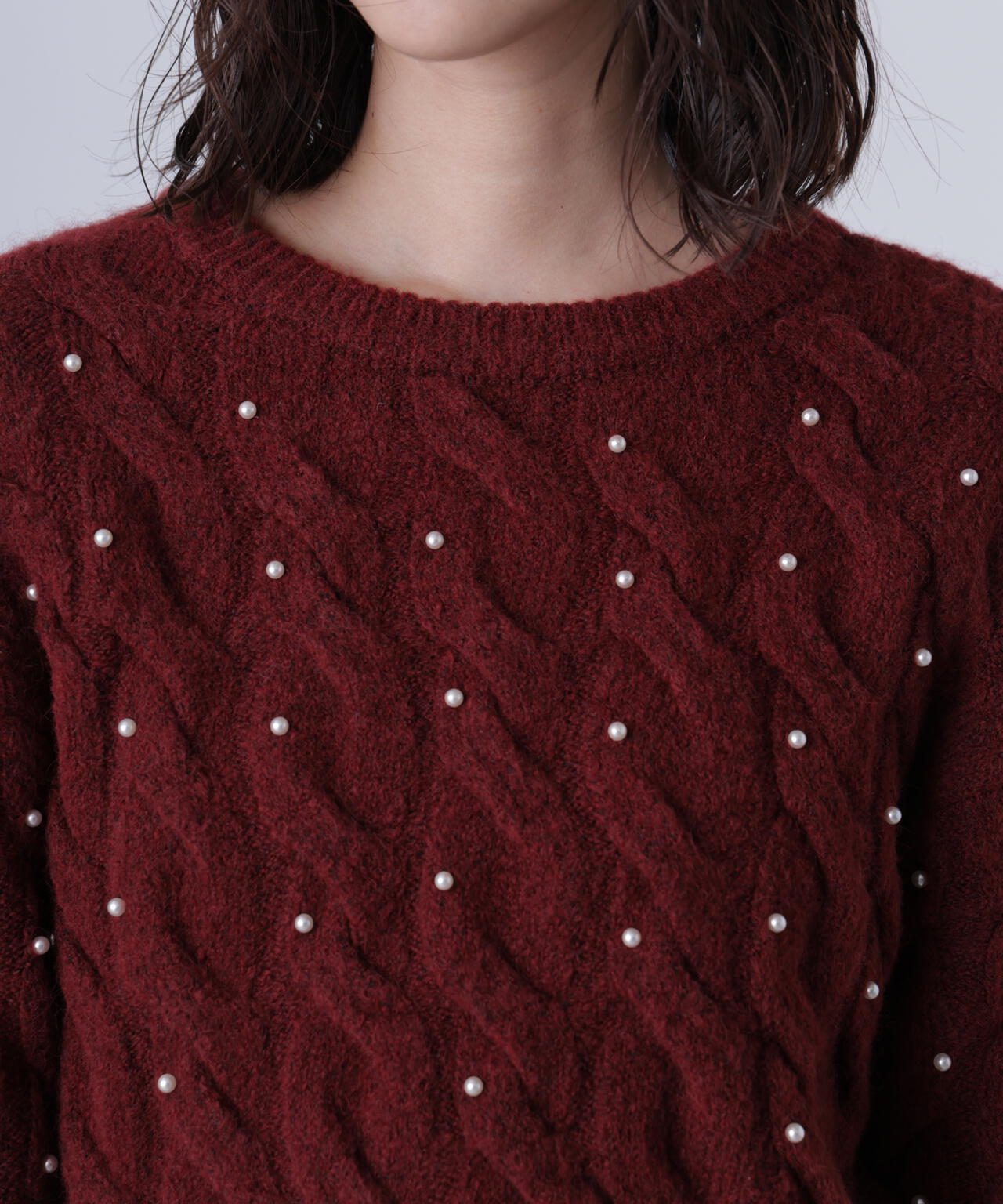 【レッド 追加生産予約】ウエストゴムパールミックスケーブルドロストニット