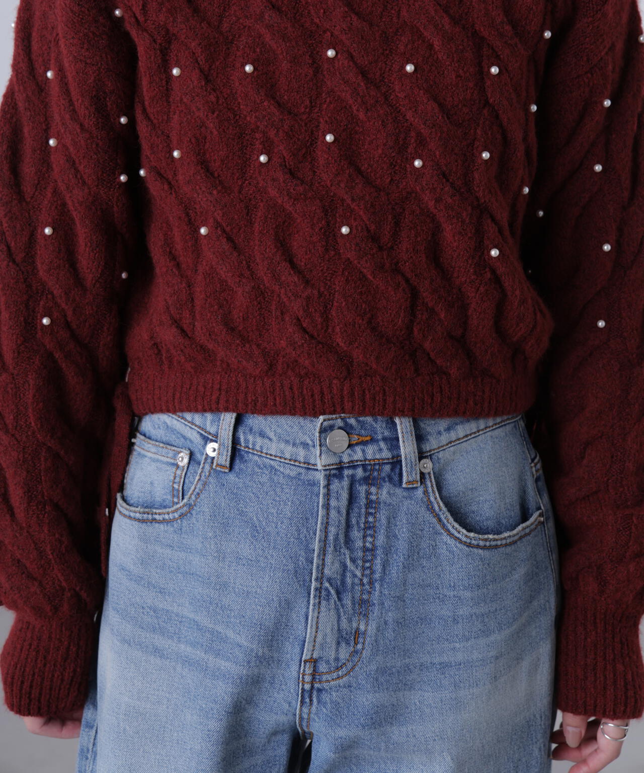 【レッド 追加生産予約】ウエストゴムパールミックスケーブルドロストニット