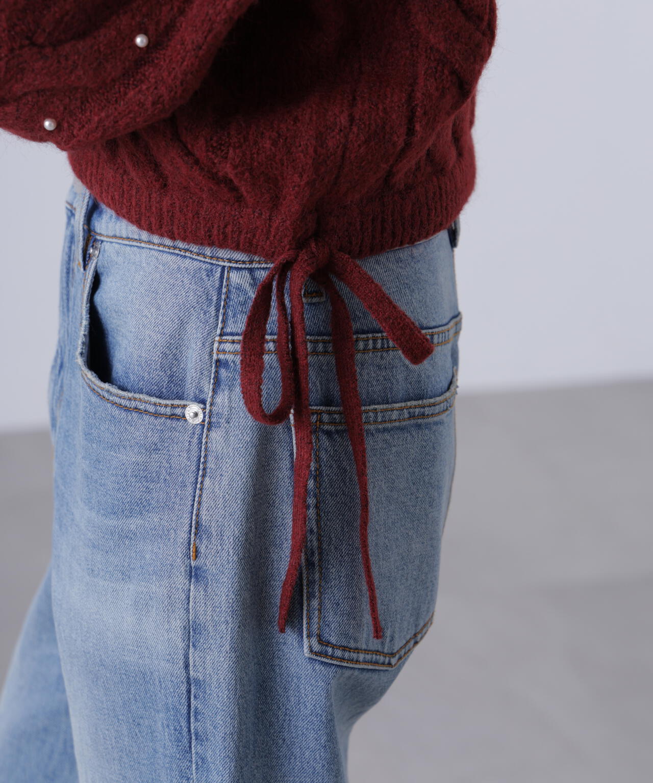 【レッド 追加生産予約】ウエストゴムパールミックスケーブルドロストニット