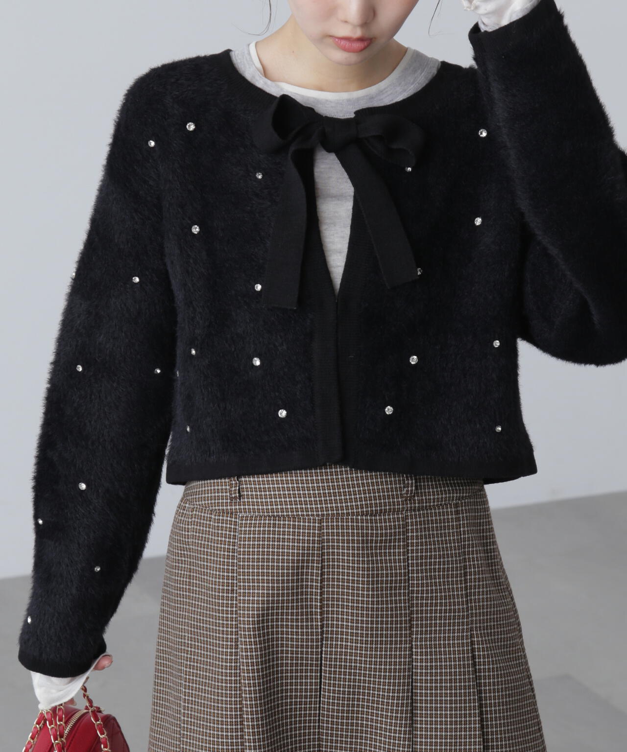 ラインストーンクロップドニットカーディガン