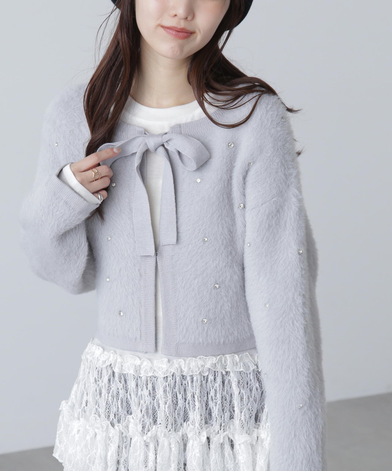 ラインストーンクロップドニットカーディガン | FREE'S MART（フリーズ