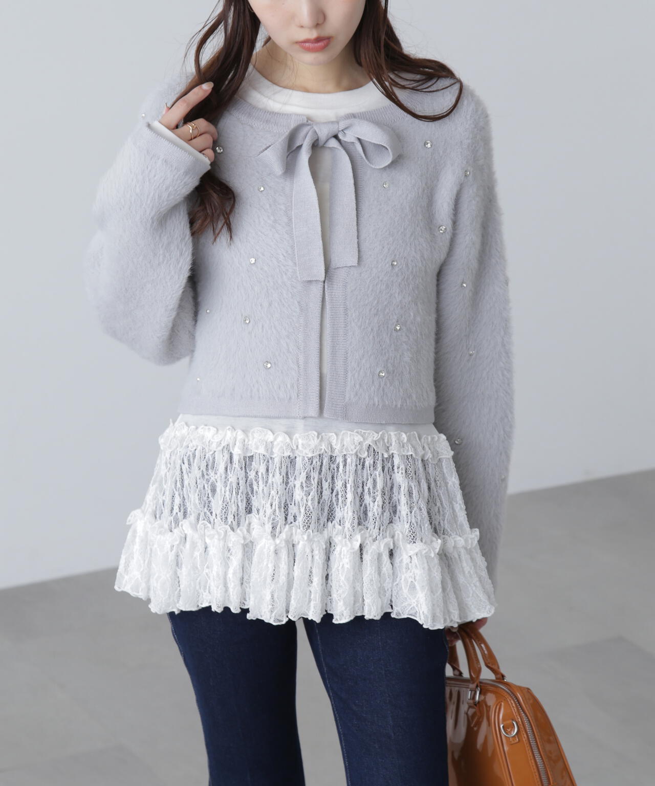 ラインストーンクロップドニットカーディガン | FREE'S MART（フリーズ