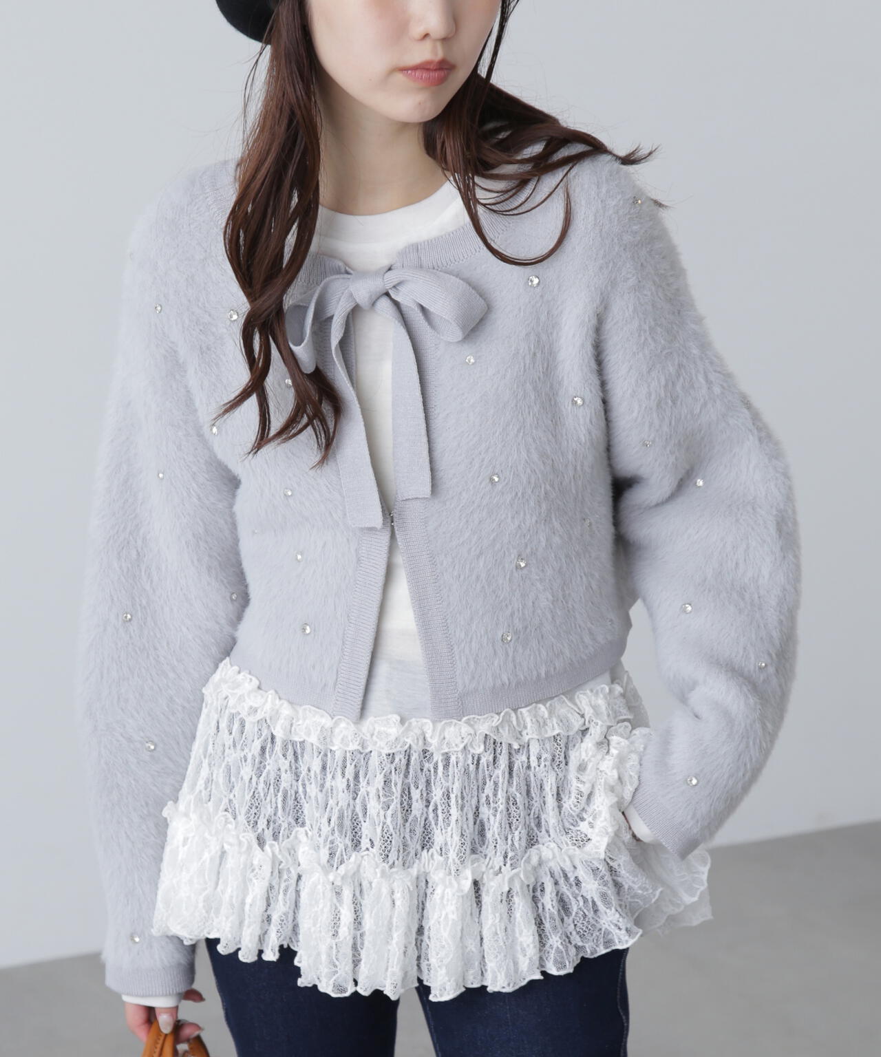 ラインストーンクロップドニットカーディガン | FREE'S MART（フリーズ