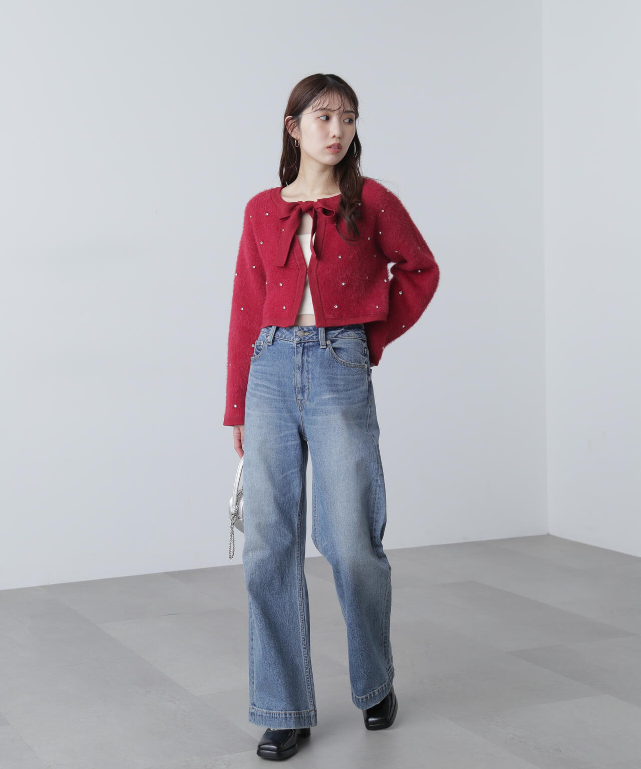 ラインストーンクロップドニットカーディガン | FREE'S MART（フリーズ