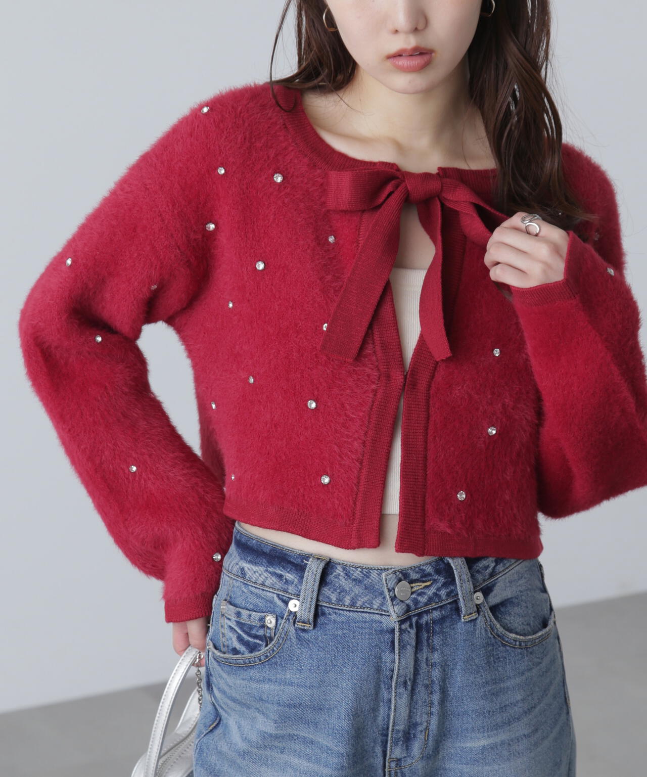 ラインストーンクロップドニットカーディガン