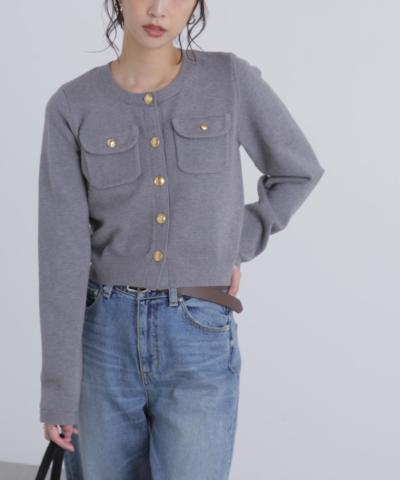 フロントポケット金ボタンニットカーディガン