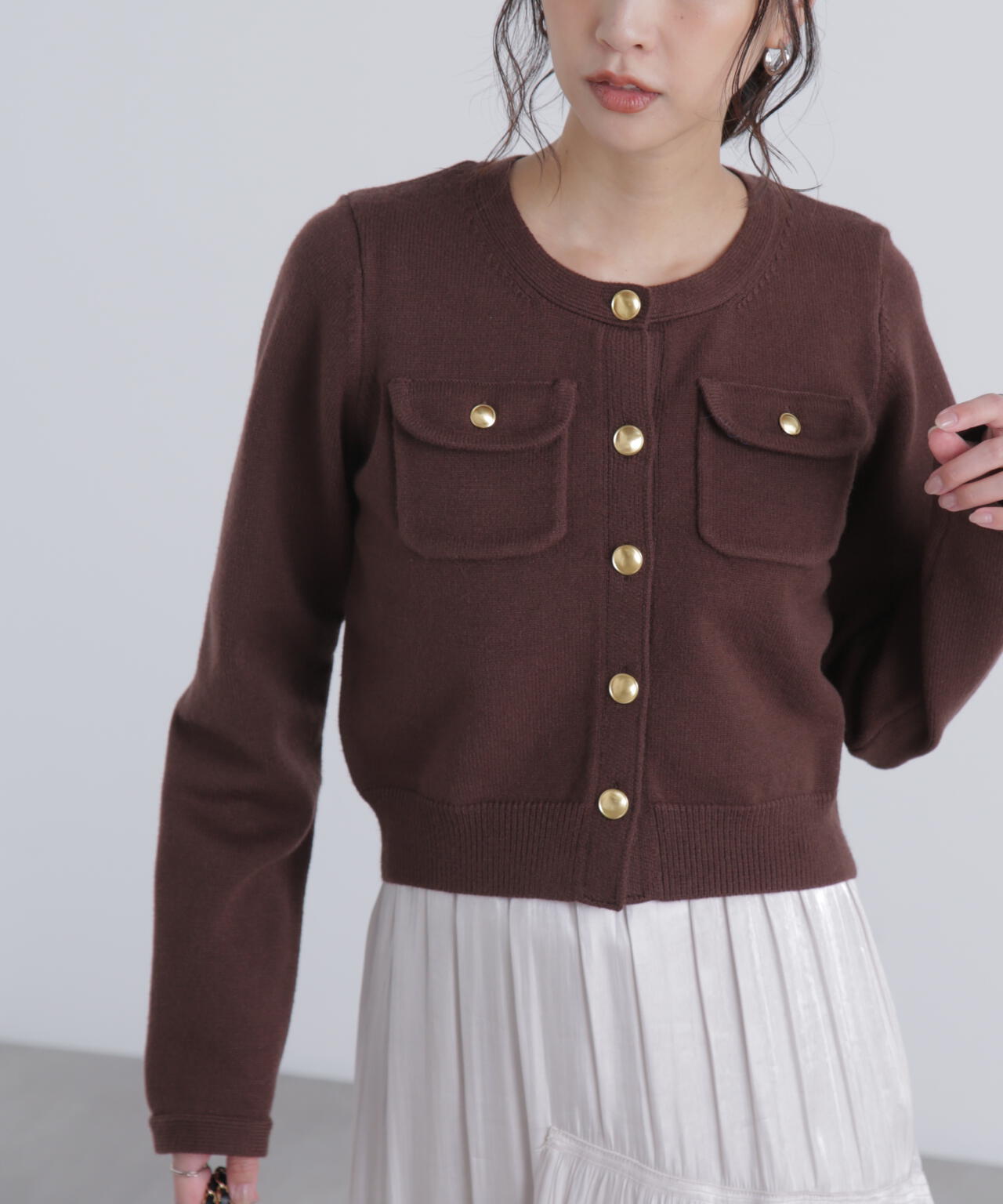 フロントポケット金ボタンニットカーディガン