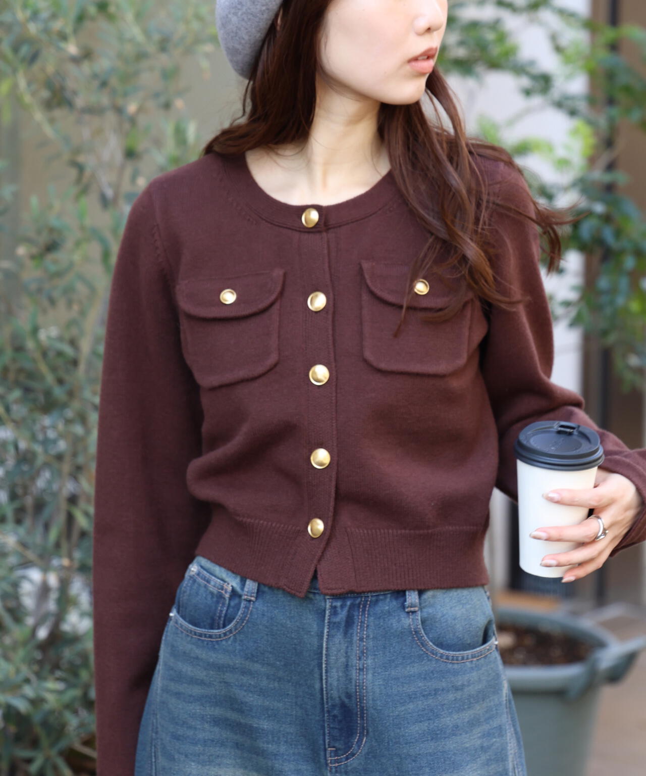 フロントポケット金ボタンニットカーディガン
