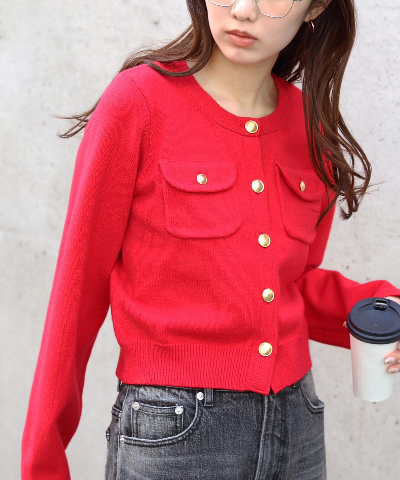 フロントポケット金ボタンニットカーディガン