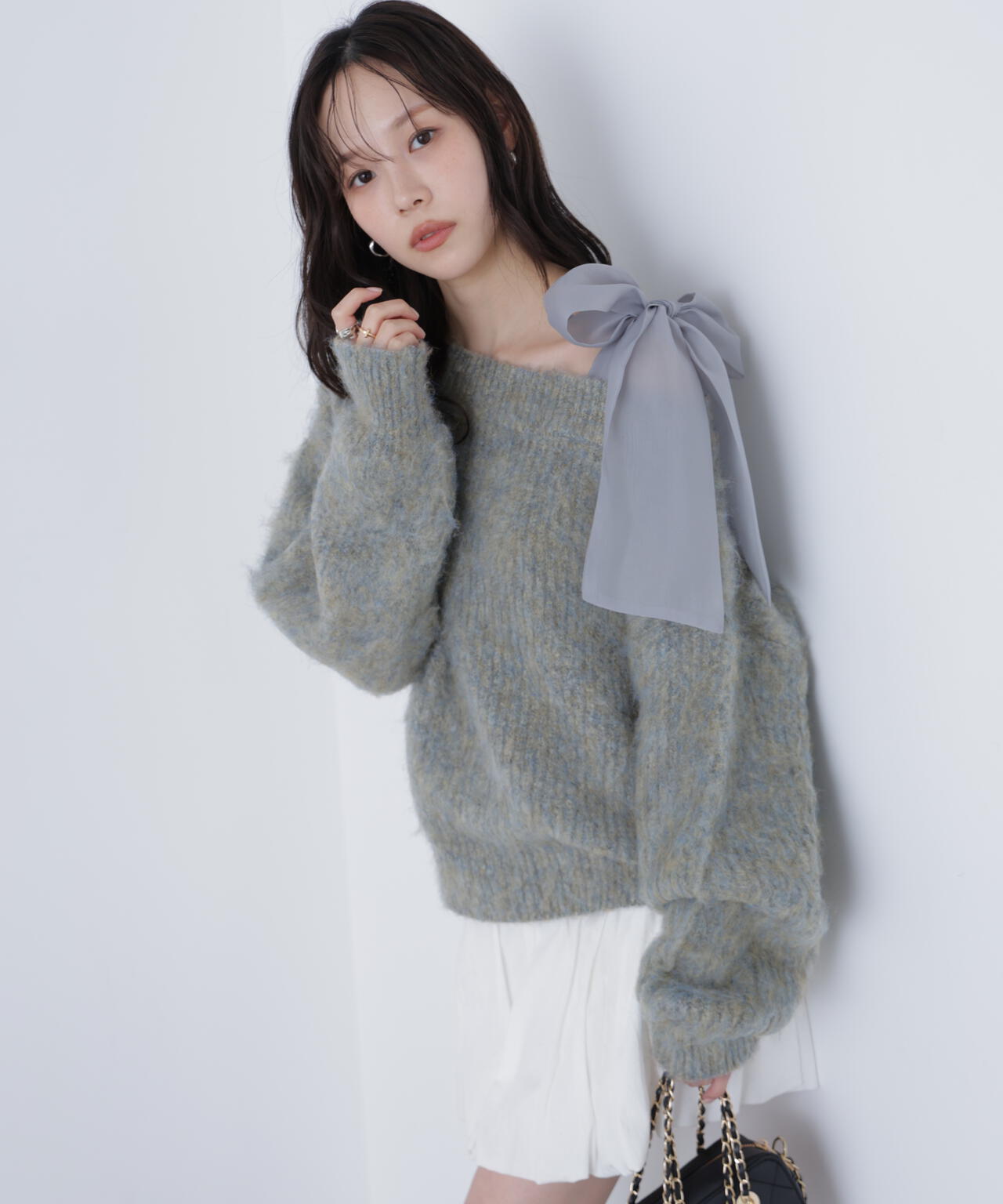 【MFM】MIXヤーンオフショルリボンニット