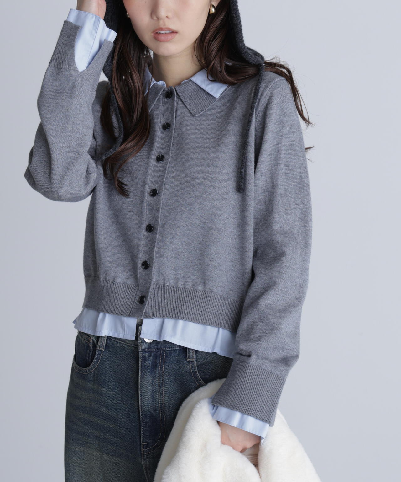 シャツフェイクレイヤードポロカーディガン