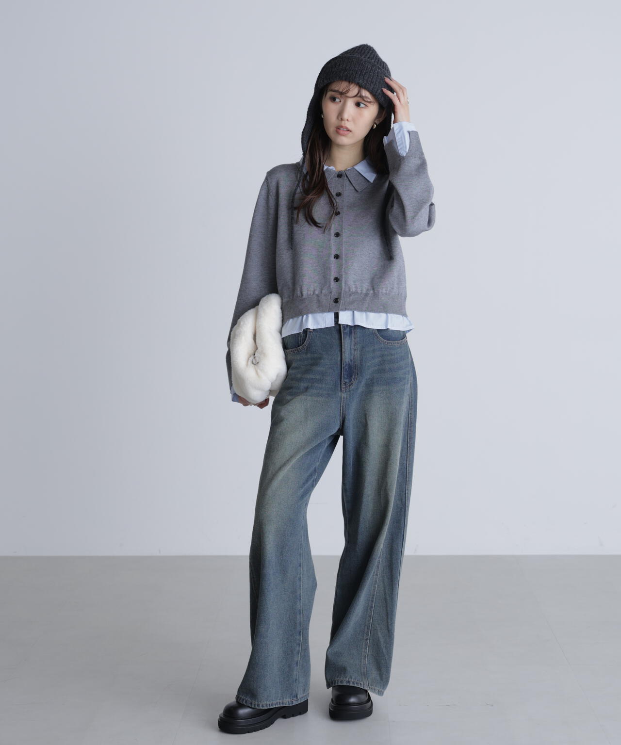 シャツフェイクレイヤードポロカーディガン