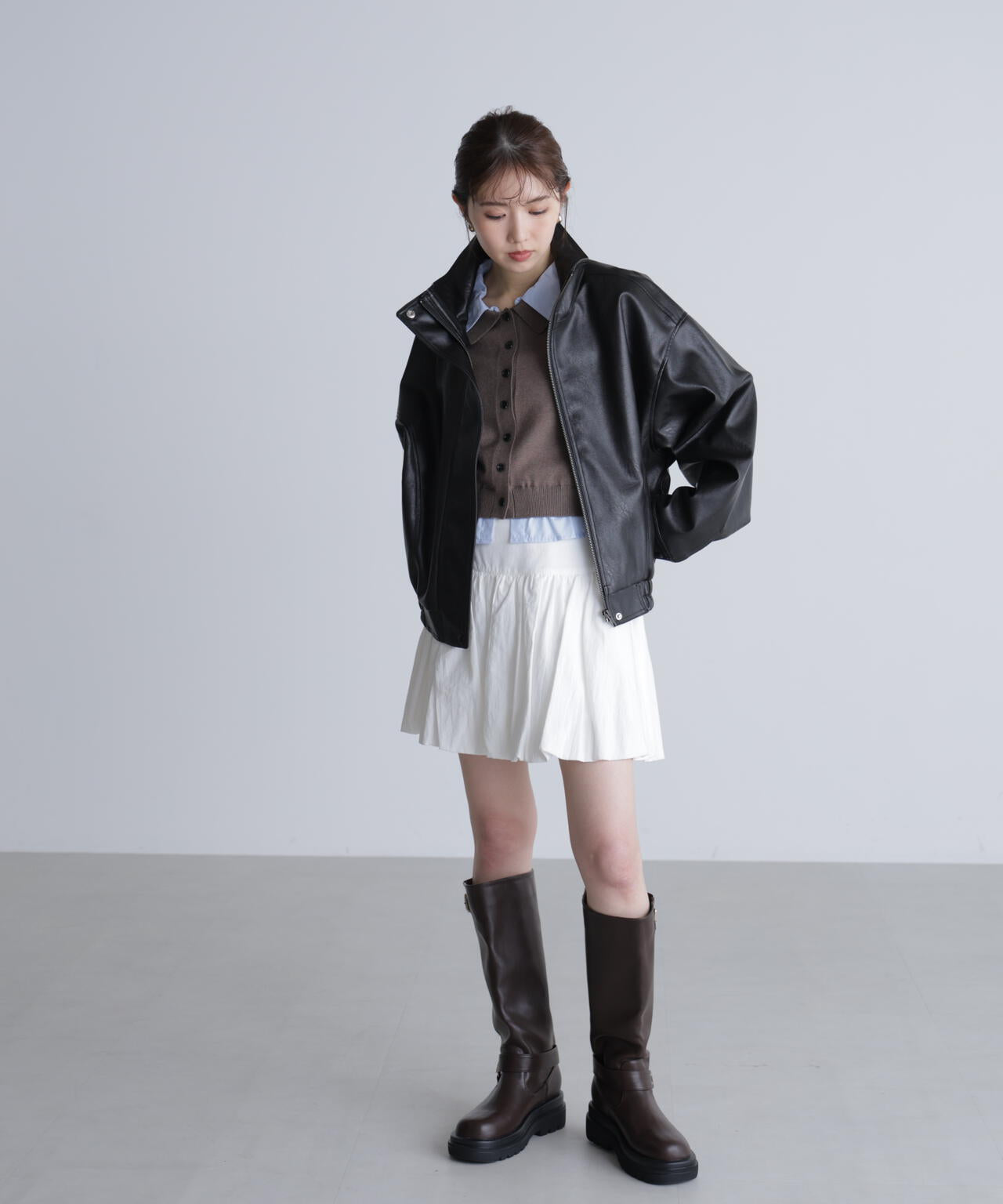 シャツフェイクレイヤードポロカーディガン