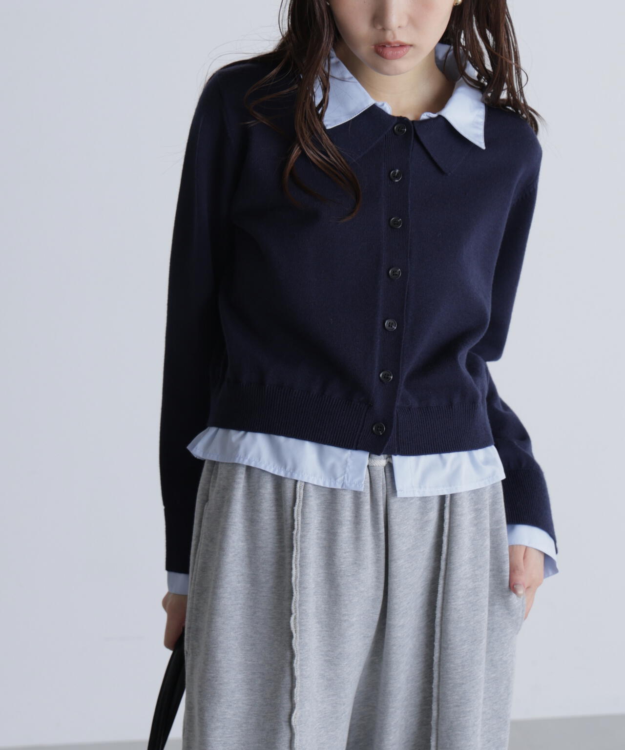 シャツフェイクレイヤードポロカーディガン