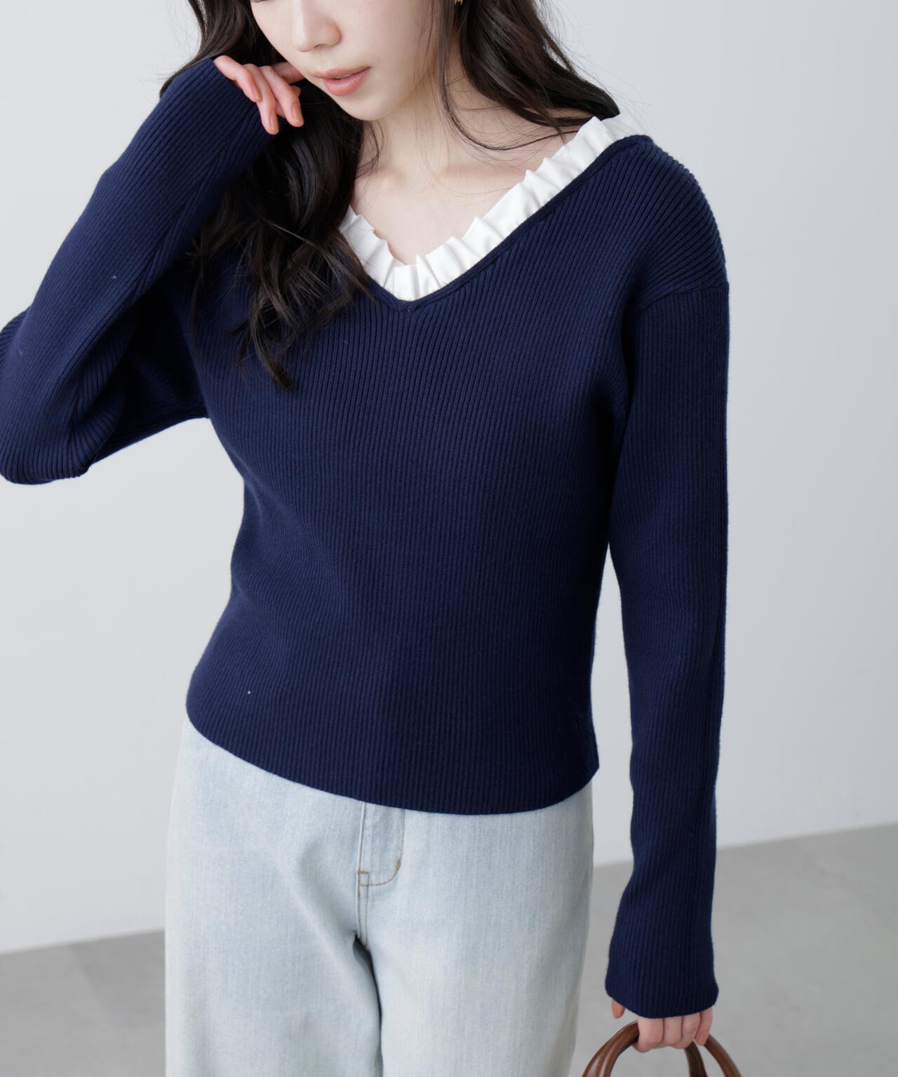 ENFOLD ネイビー フリル 半袖ニット RIO企画】フリルドッキングVネックニット〈MFM〉 | FREE'S MART