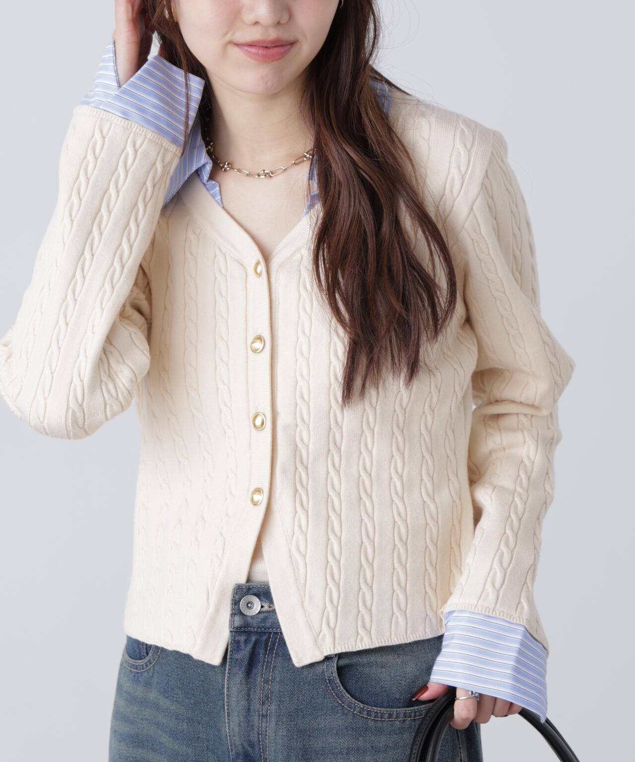 シャツレイヤードゴールドボタンニット