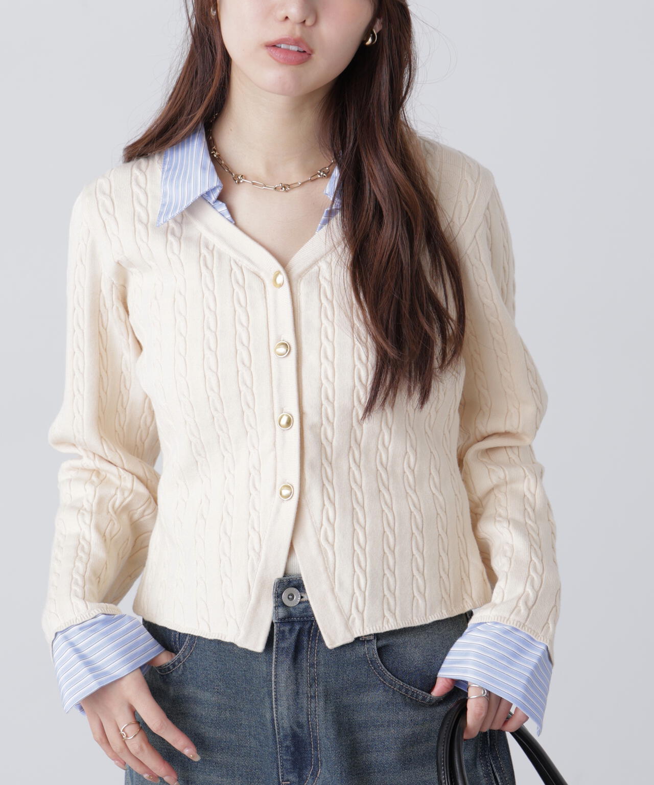 シャツレイヤードゴールドボタンニット