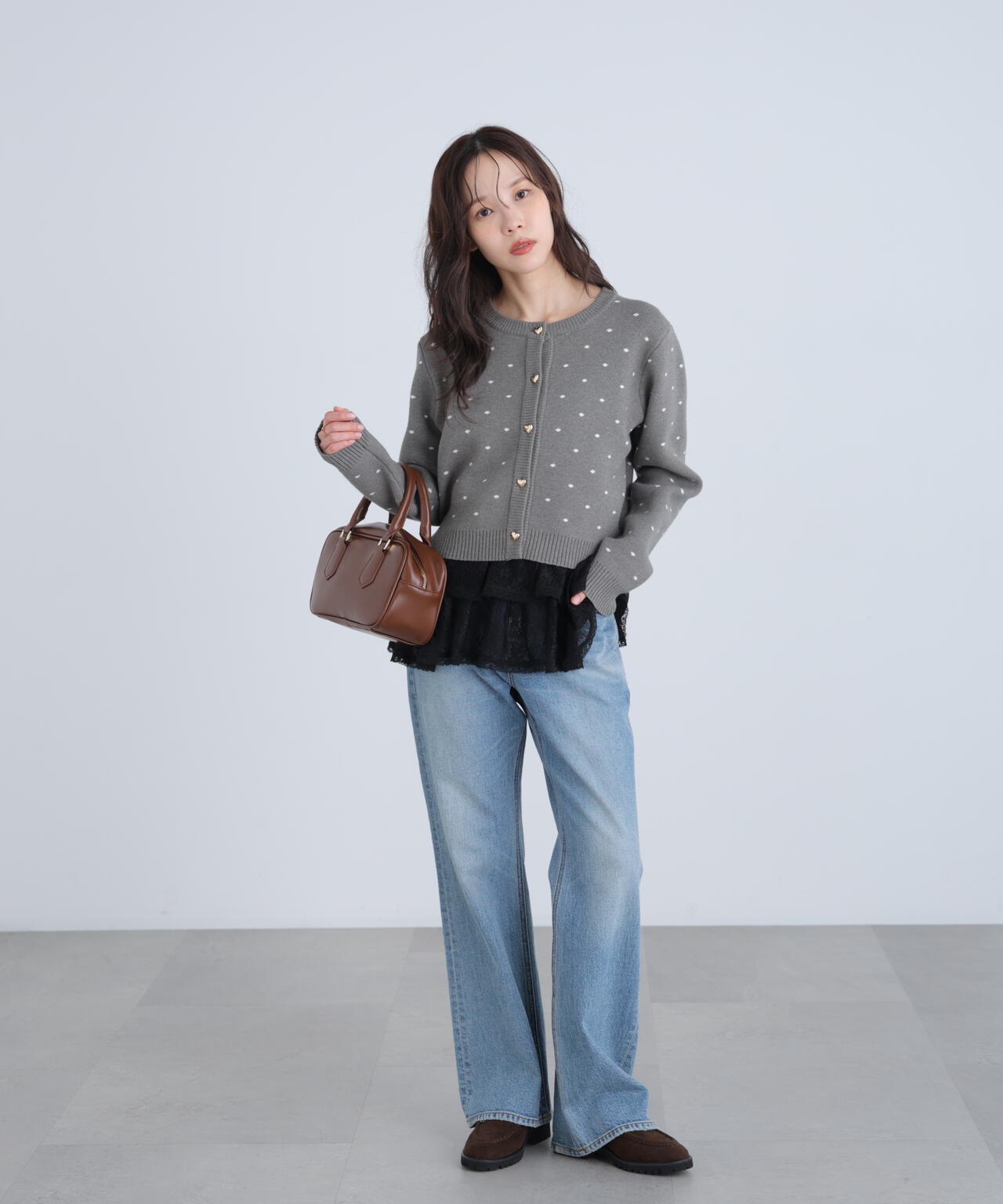 ハートボタンドット柄カーディガン