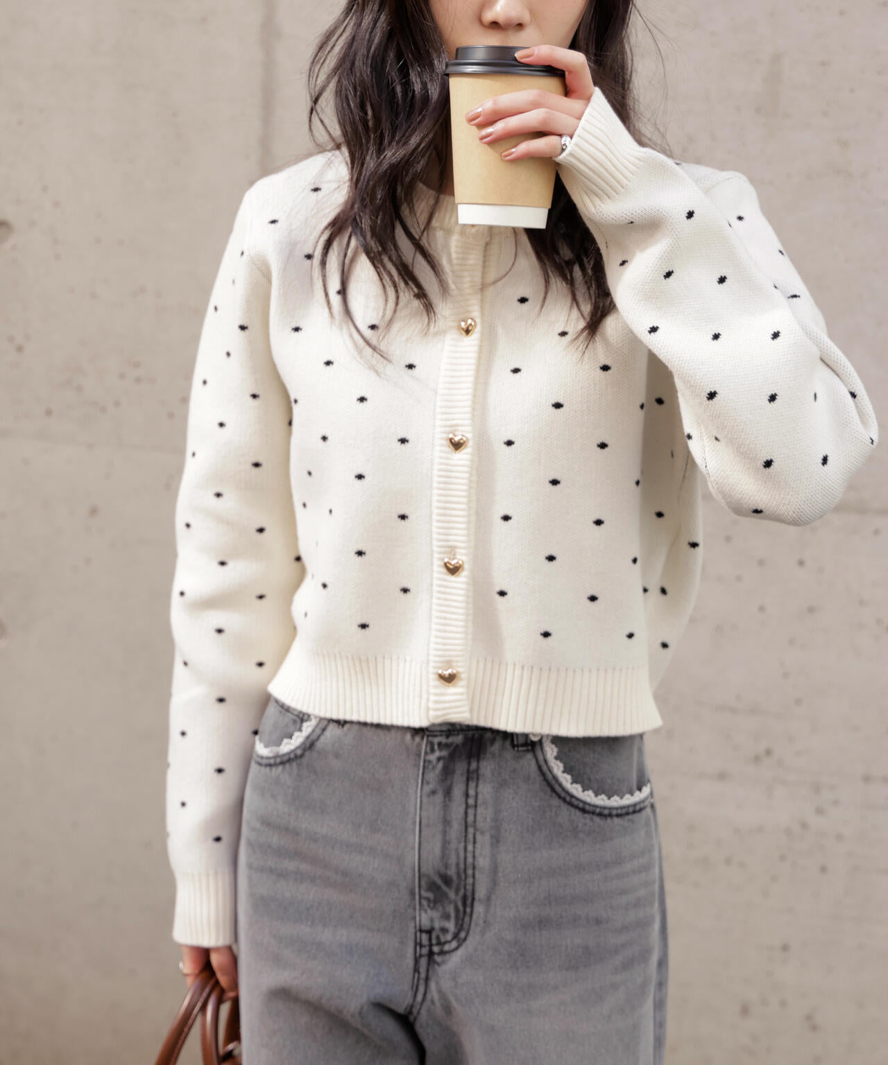 ハートボタンドット柄カーディガン