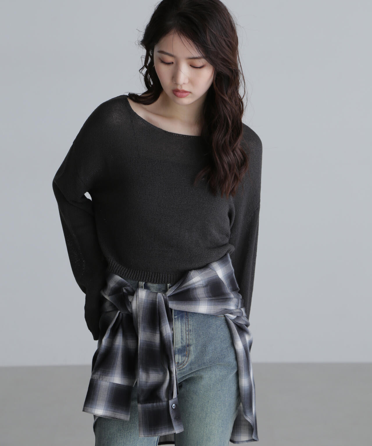 透かしあみ天竺短丈ニット