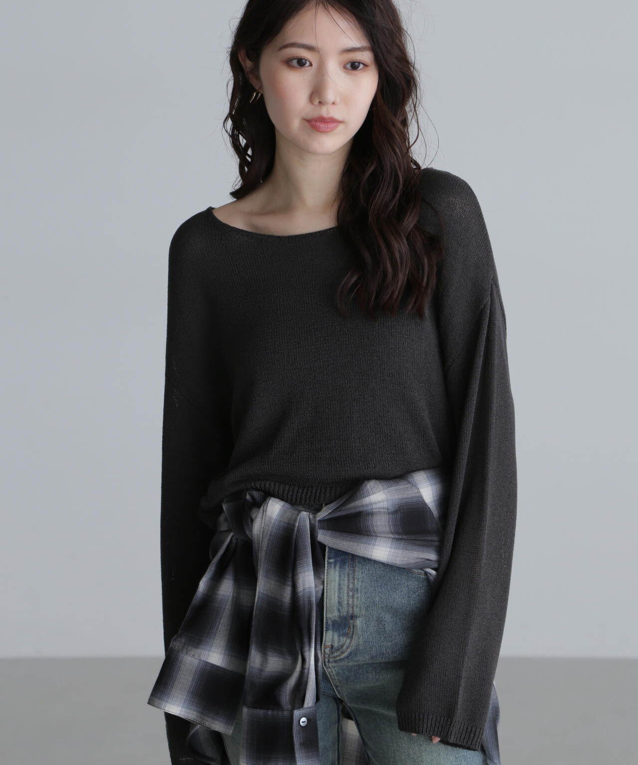 透かしあみ天竺短丈ニット