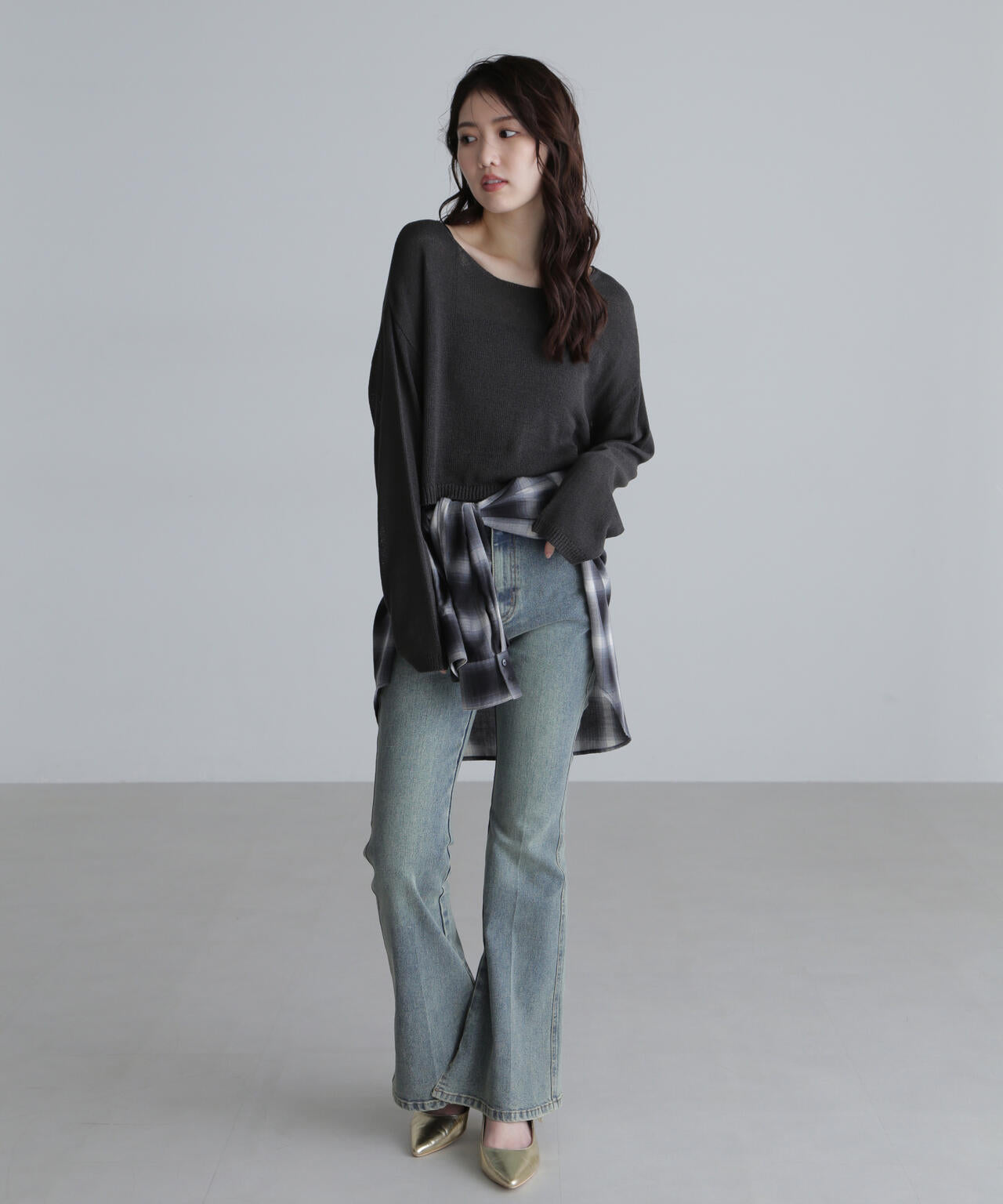 透かしあみ天竺短丈ニット