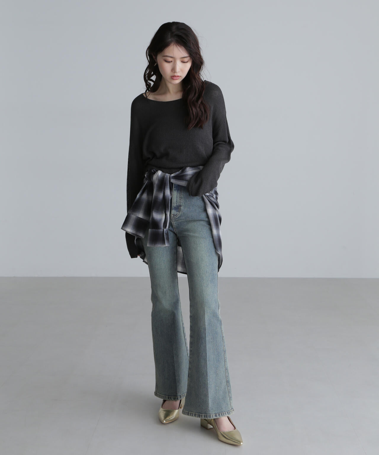 透かしあみ天竺短丈ニット