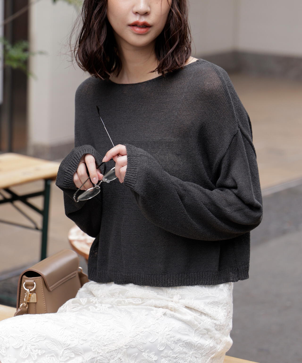 透かしあみ天竺短丈ニット