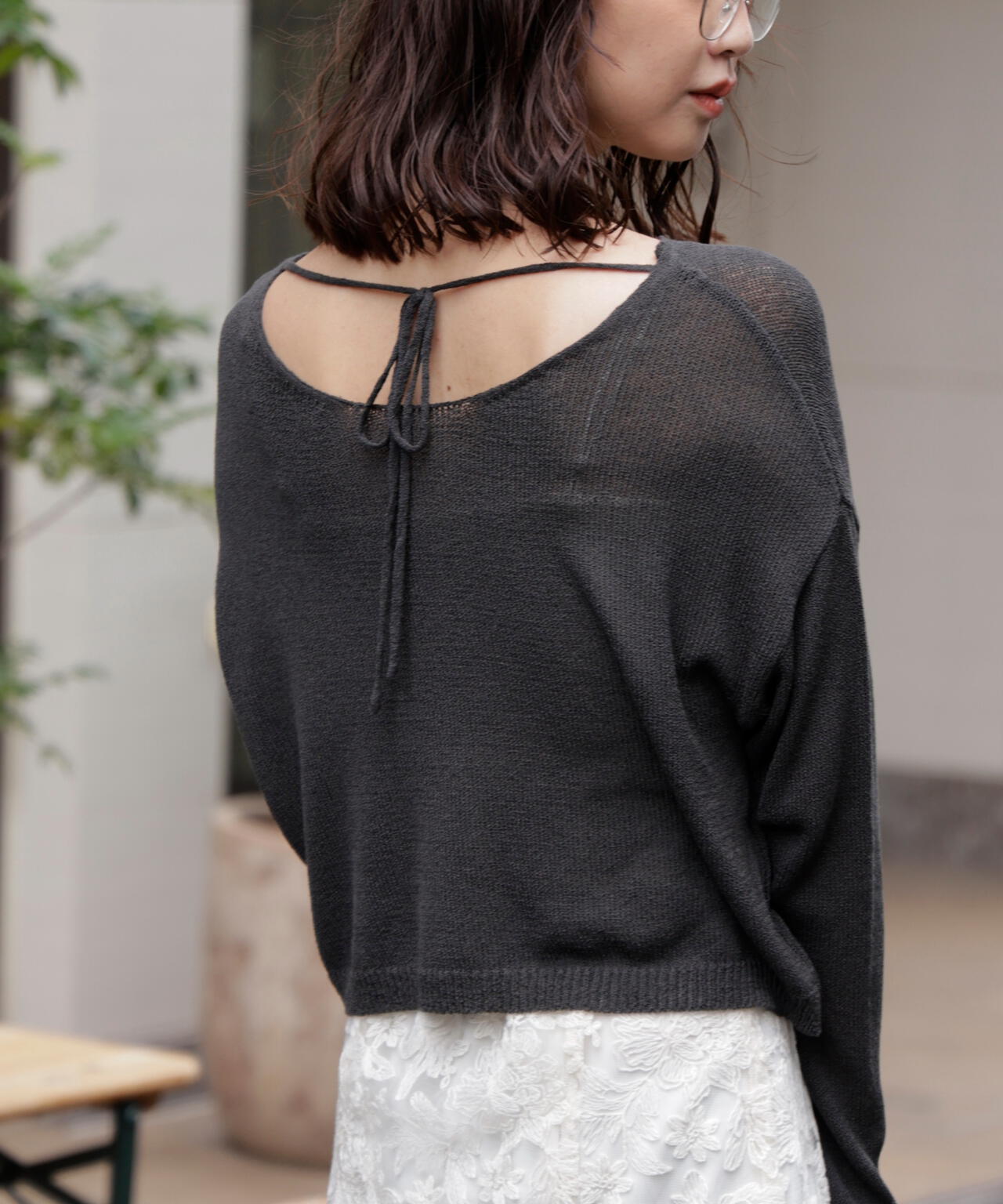 透かしあみ天竺短丈ニット