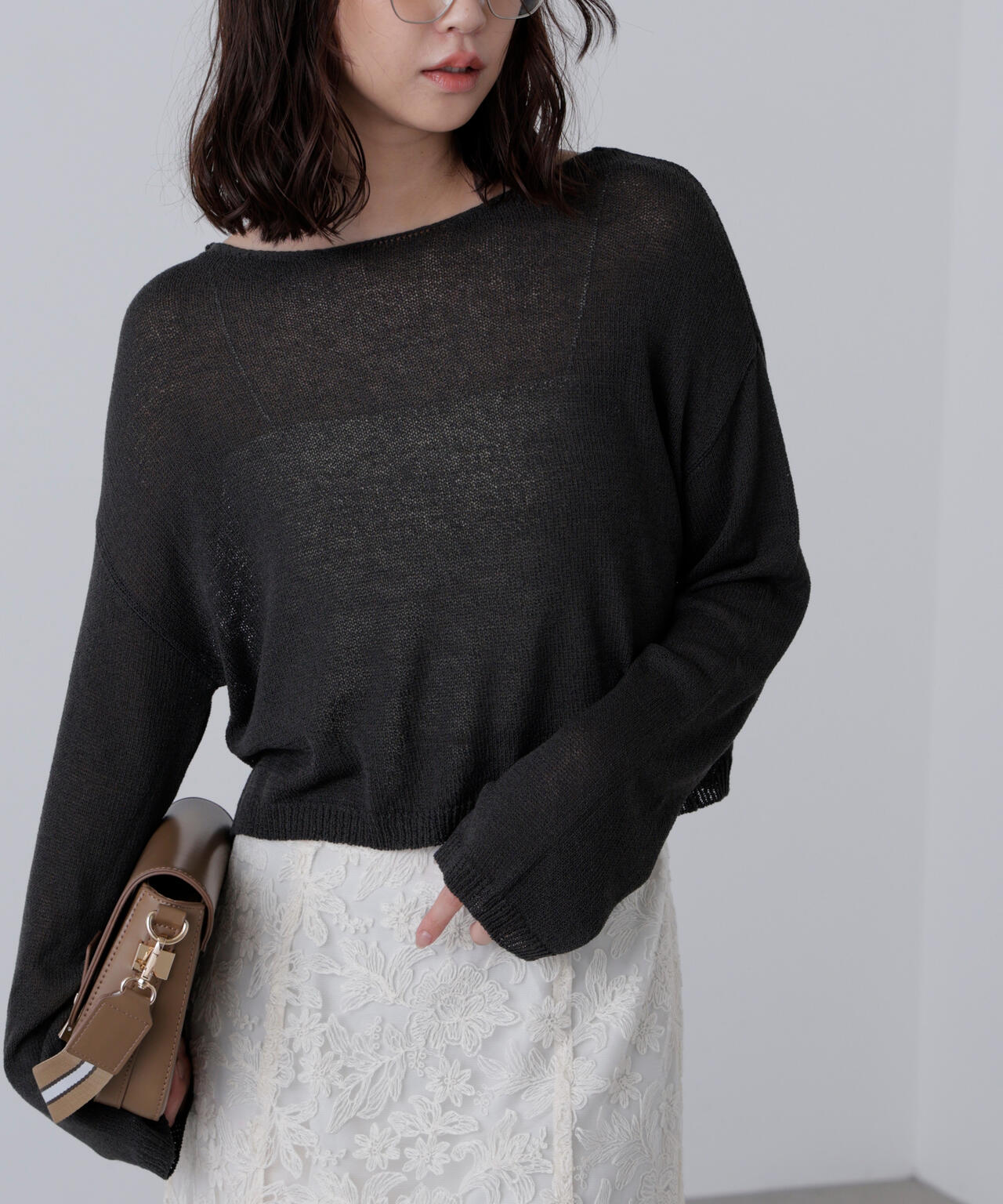 透かしあみ天竺短丈ニット