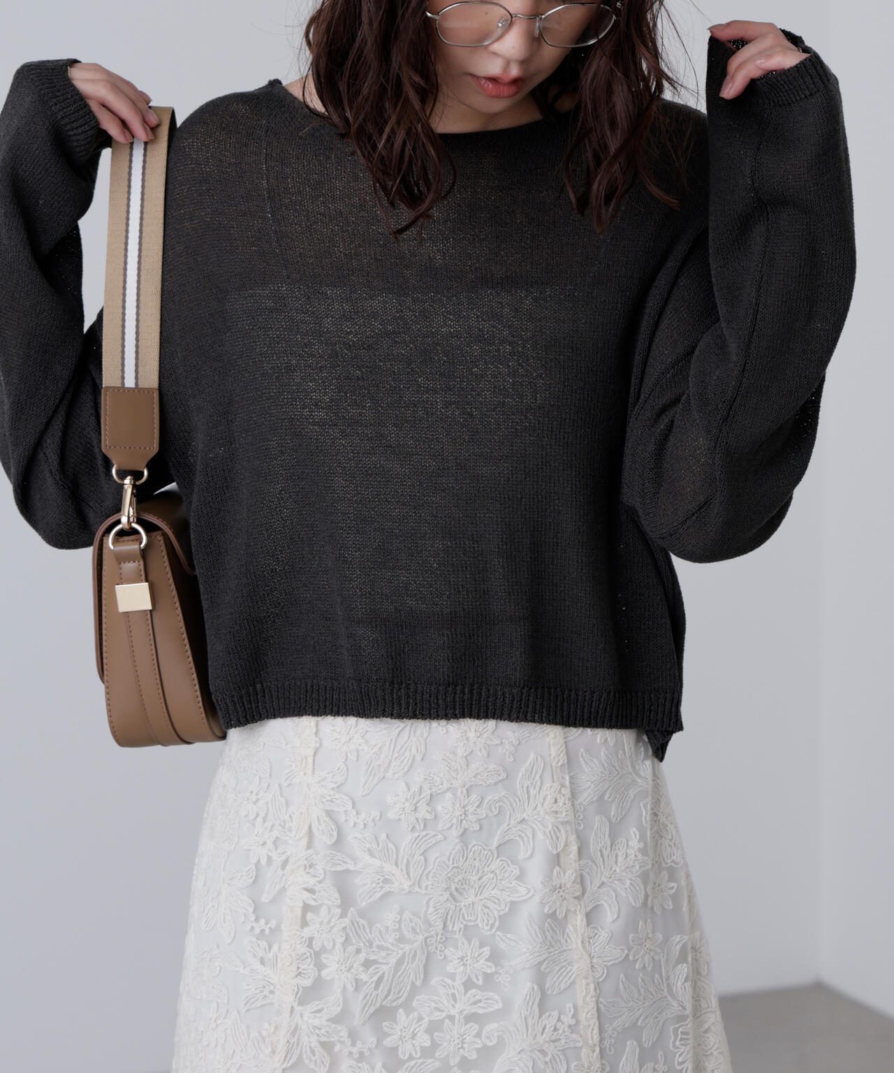 透かしあみ天竺短丈ニット