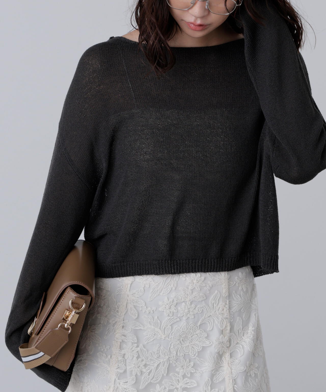 透かしあみ天竺短丈ニット