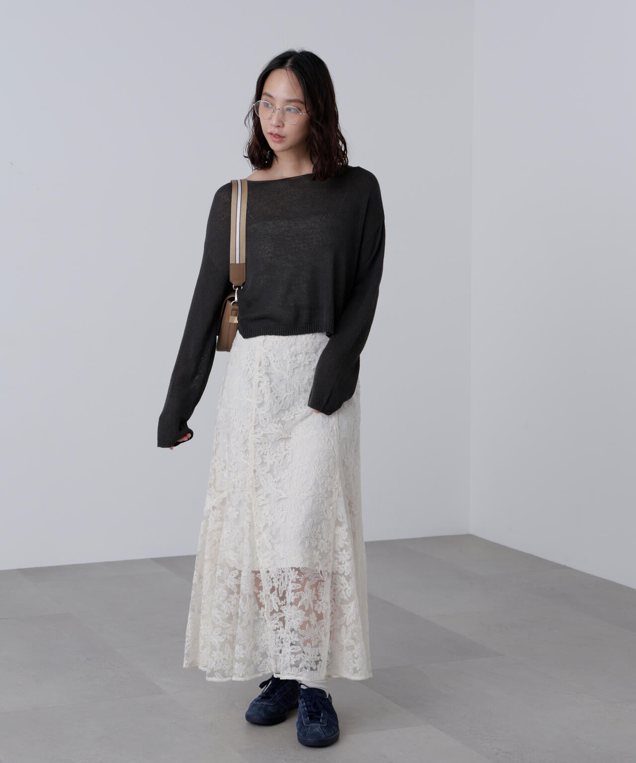 透かしあみ天竺短丈ニット