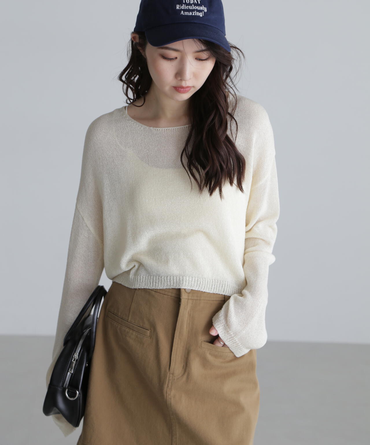 透かしあみ天竺短丈ニット